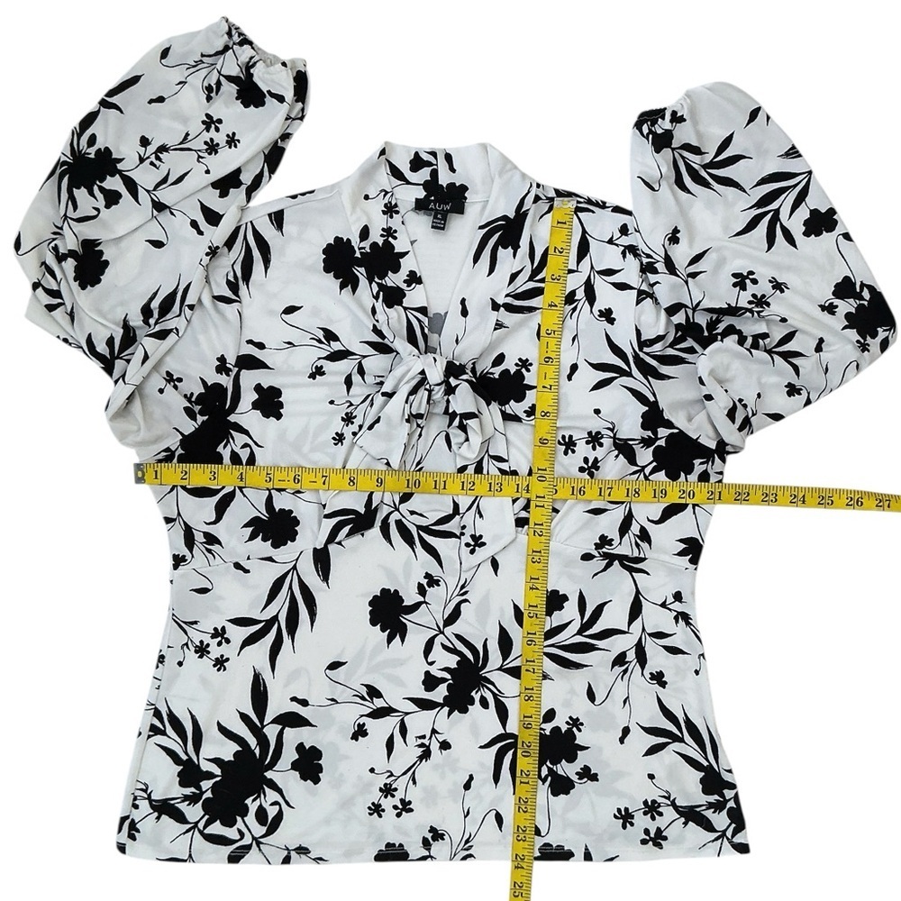 AUW Tie Front Blouse Long Sleeve Bold Floral Black White Women's Top Size XL - Picture 4 of 16